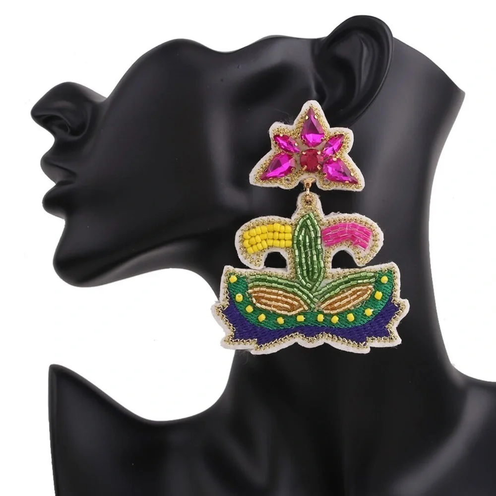 Festive Flair: Beaded Mardi Gras Earrings in Vibrant Purple, Green & Gold!